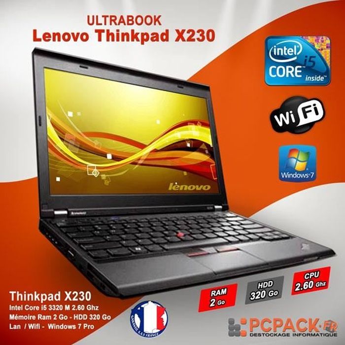 Top achat PC Portable Lenovo Thinkpad X230 Core i5-3320 M 2.6Ghz 2Go 320G Win 7 Pro Sans Webcam pas cher
