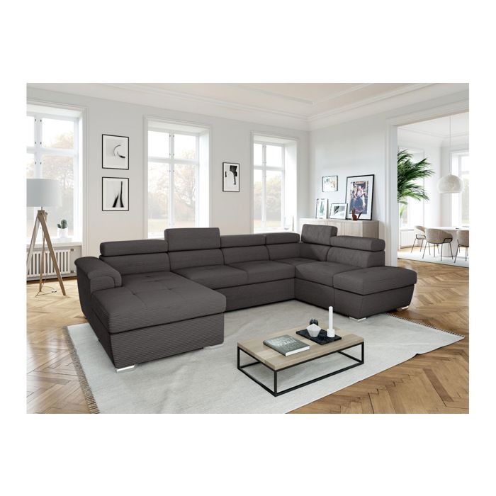 Canapé panoramique 6 places PAOLA convertible avec 2 coffres en velours côtelé - Gris - L320 5 x P188 x H76cm - LOUNGITUDE Canapé panoramique 6 places PAOLA convertible avec 2 coffres en velours côtelé - Gris - L320 5 x P188 x H76cm - LOUNGITUDE
