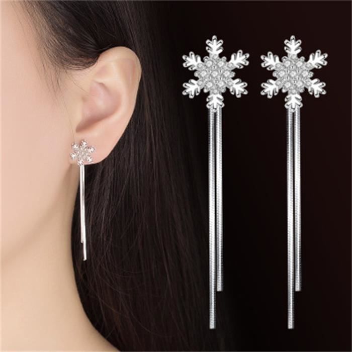Boucles D'oreilles Clous Flocon De Neige En Cz - Or Blanc, Pour Femme Ou Fille