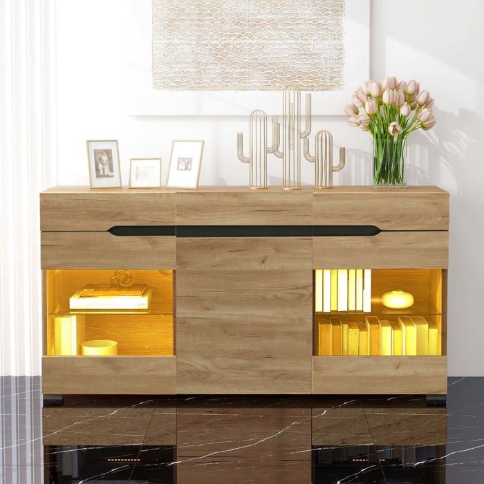 Buffet avec 2 portes 3 tiroirs et LED - pour salon et salle à manger -Chêne - 140x35x80cm Buffet avec 2 portes 3 tiroirs et LED - pour salon et salle à manger -Chêne - 140x35x80cm