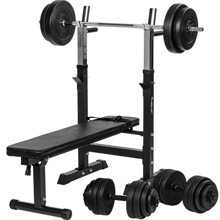MOVIT® Kit complet avec Banc de musculation noir + set d'haltères long 30 kg + set d’haltères courts 30 kg, diamètre 30-31 mm