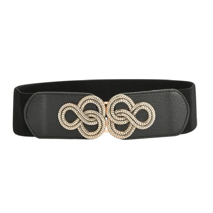 Ceinture Large Hanches Femme - Faux Cuir Noir élastique - Boucle Ronde Argentée - Taille S/XS