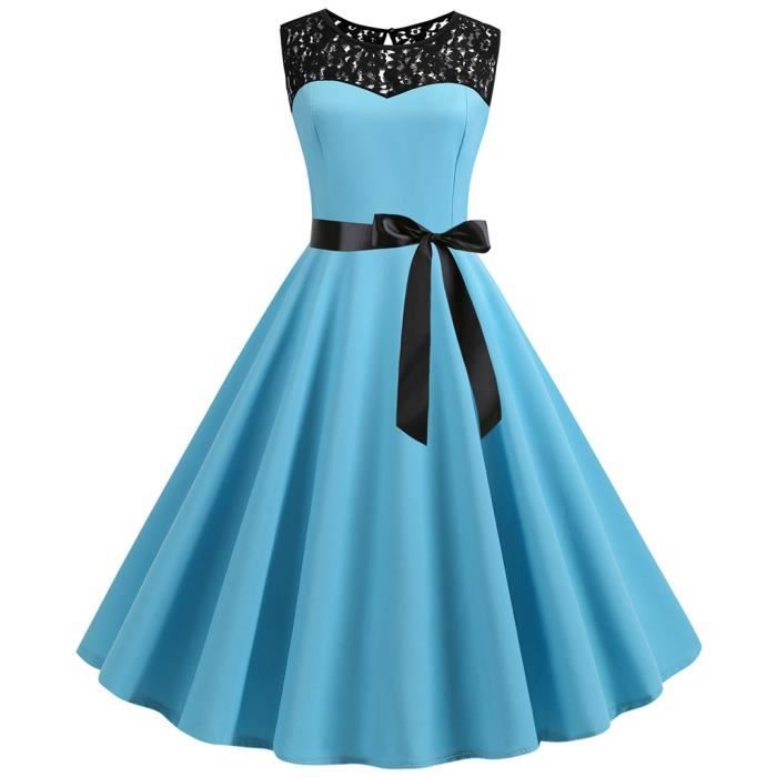 OS Femmes Vintage des années 1950 rétro sans manches dentelle épissure solide fête balançoire robe Bleu ciel