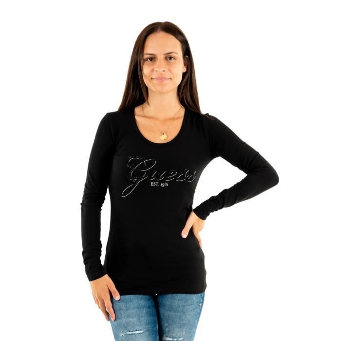 Tee shirt manches longues Guess Jeans Raisa JBLK Jet Black Femme Col arrondi Noir Cdiscount Pret a Porter