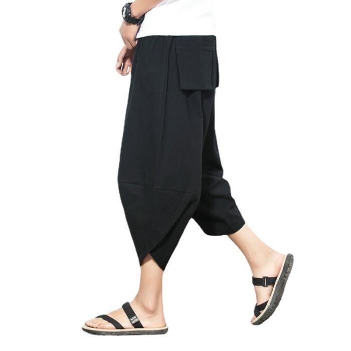 bloomers pour hommes coton lin sarouel ample couleur unie décontracté large jambe pantalon noir
