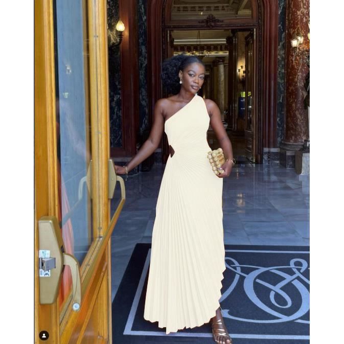 Robe Robe trapeze froncee plissee sans manches asymetrique epaule denudee taille roulante Sexy robes de bal beige B9271 Blanc Cdiscount Pret a Porter