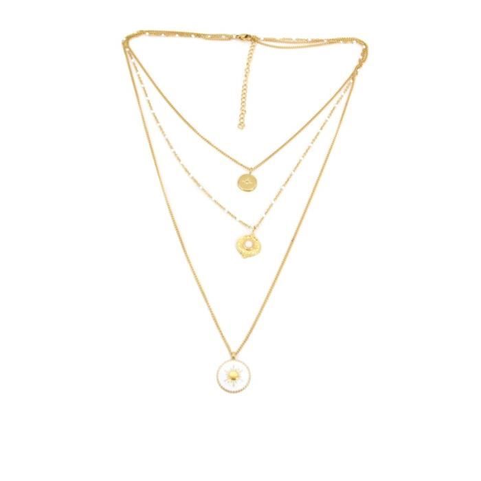 Collier double couche femme, acier inoxydable, pendentif géométrique