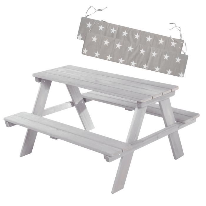roba table pique-nique enfants outdoor + en bois massif - avec coussin d'assise - table d'extérieur 4 places - lasure grise