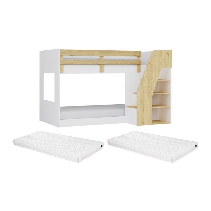 Lit superposé 90 x 190 cm - Avec rangements - Blanc et naturel + Matelas - NAROJAS