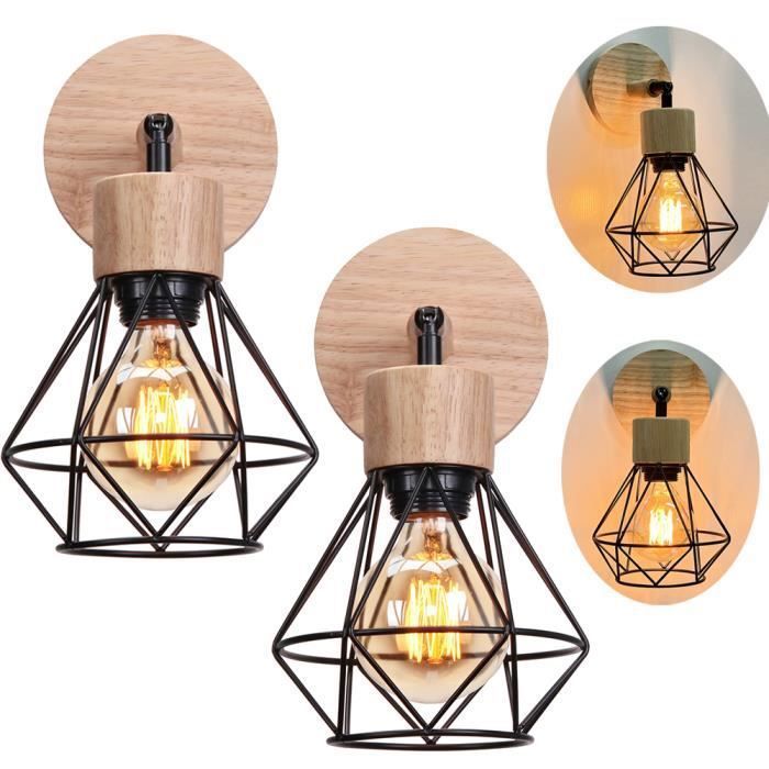 UNI 2 Pack Applique Murale Intérieur Design Fer Abat-jour Cage E27 Luminaire Plafonnier Ajustable Noir
