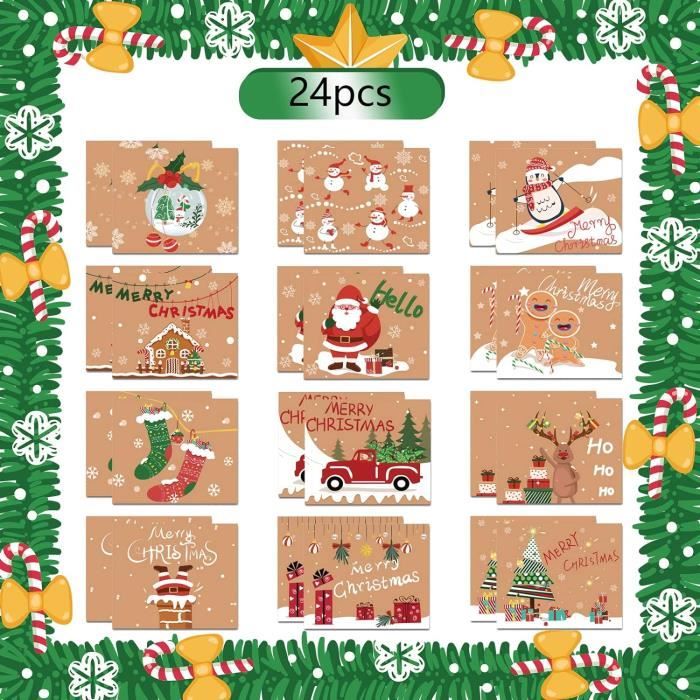 Lot De 24 Cartes De Noël Avec Enveloppe Et Autocollants