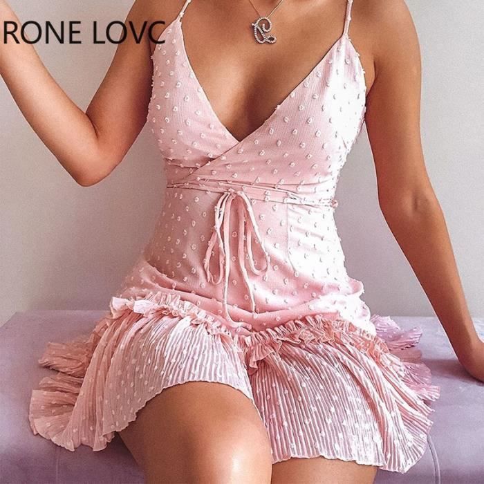 Robe Type Rose Mini robe portefeuille a pois pour femmes Sans manches Volants Detail noue Blanc Cdiscount Pret a Porter