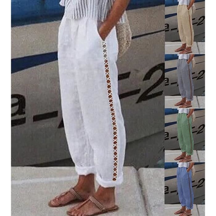 Pantalon Femme Ample en Coton et Lin Blanc Creme Taille Haute Leger et Decontracte Blanc creme Cdiscount Pret a Porter