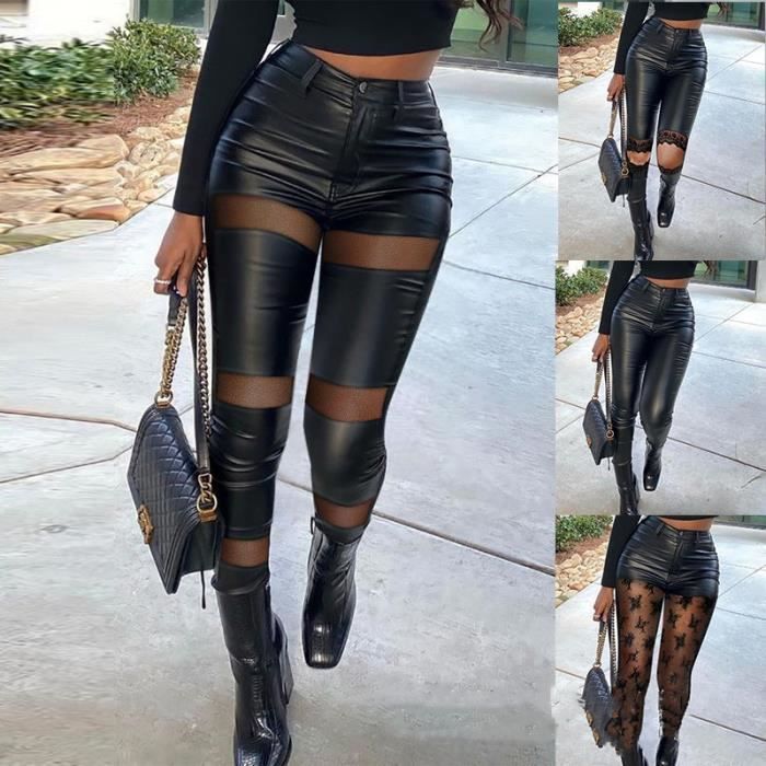 Pantalon skinny taille haute avec fermeture eclair pour femme patch en cuir PU et maille pantalon crayon noir Noir Cdiscount Pret a Porter
