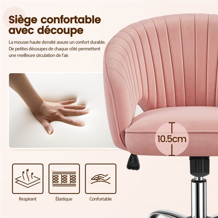 Chaise De Bureau Chaise D'ordinateur Rotative à 360° En Velours Avec Hauteur D'assise Réglable