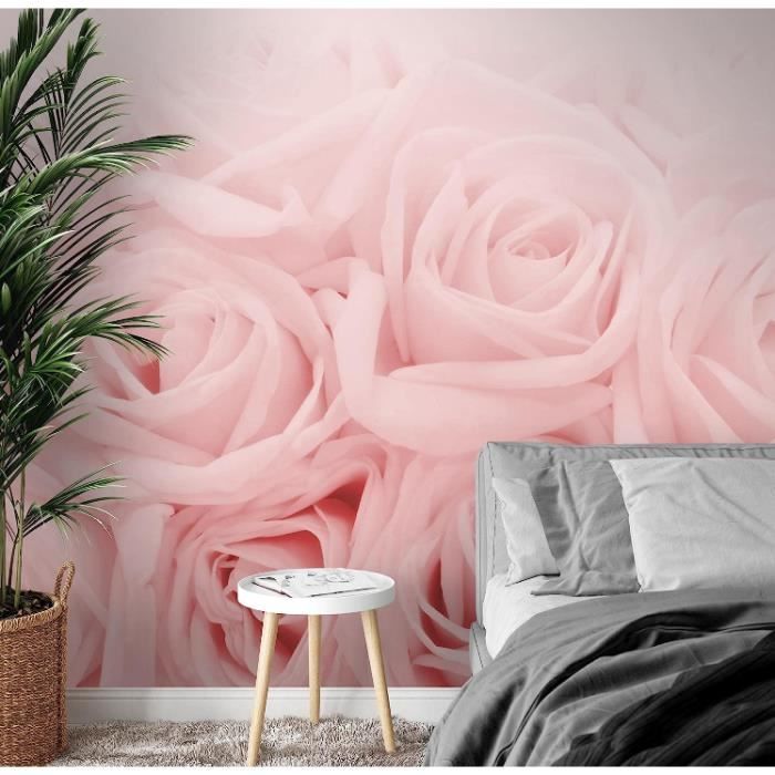 Papier peint anglais multicolore intissé, Tapisserie fleurie multicolore  idéale salon, Papier peint grosses fleurs fond rose chambre