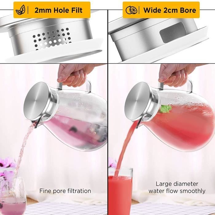 Homiu Carafe à Eau En Verre 1,8L Avec Couvercle - Pichet Élégant Pour Thé Glacé, Jus, Vin Et Boissons Chaudes