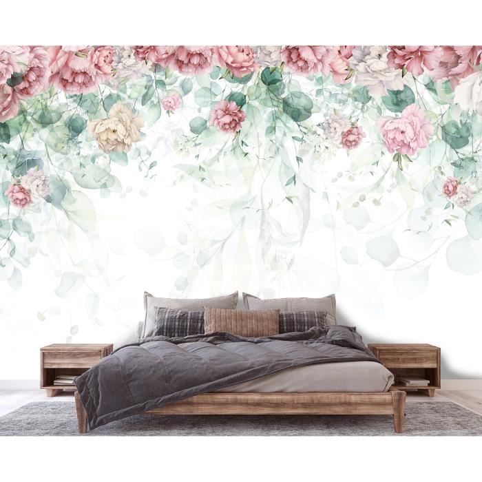 Papier Peint Intissé Panoramique Floral Roses Feuilles 368x254 cm Rose ...
