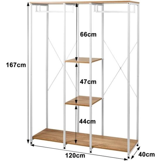 Porte-Manteau Métal & Bois WOLTU 167cm - Étagère Rangement Vêtements - Blanc & Chêne