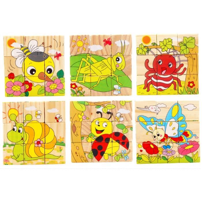Puzzles En Bois 3D Animaux De La Ferme – 6 En 1, 16 Cubes 3x3 Cm – Jouet Éducatif Montessori – Cadeau 3-4 Ans