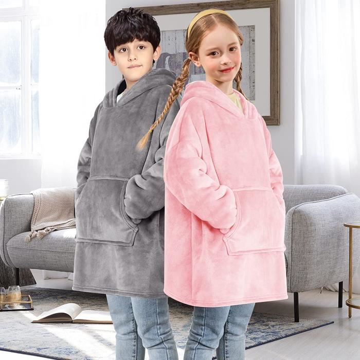 Sweat Plaid a Capuche pour enfants avec capuche et poche Couverture en Flanelle Portable Taille unique Rose