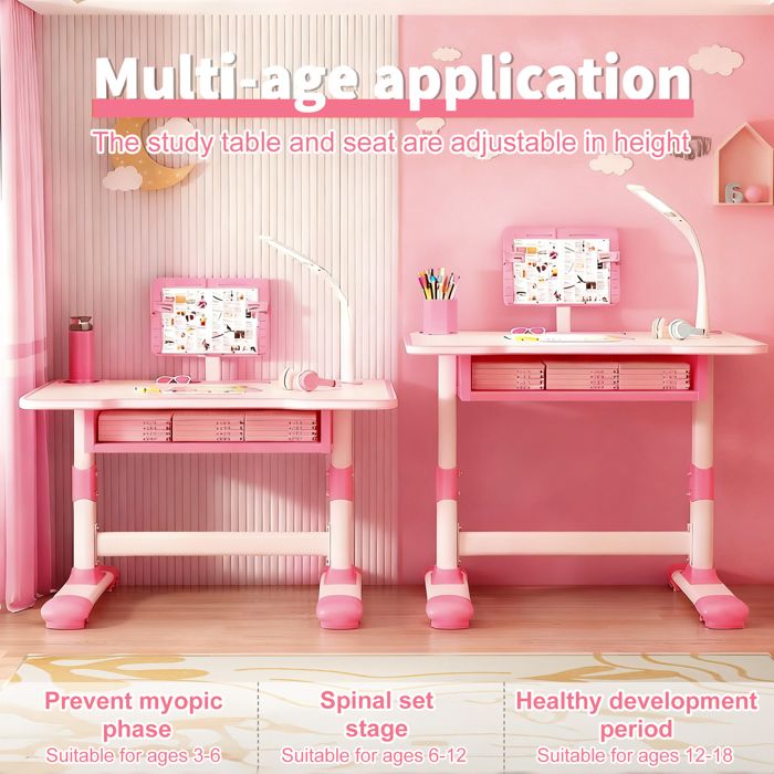reukmuuc Ensemble bureau et chaise réglables pour enfants, bureau de travail réglable en hauteur avec support de lecture inclinable, tiroir extra large, lampe de bureau LED, pour enfants de 3 à 18 reukmuuc Ensemble bureau et chaise réglables pour enfants, bureau de travail réglable en hauteur avec support de lecture inclinable, tiroir extra large, lampe de bureau LED, pour enfants de 3 à 18