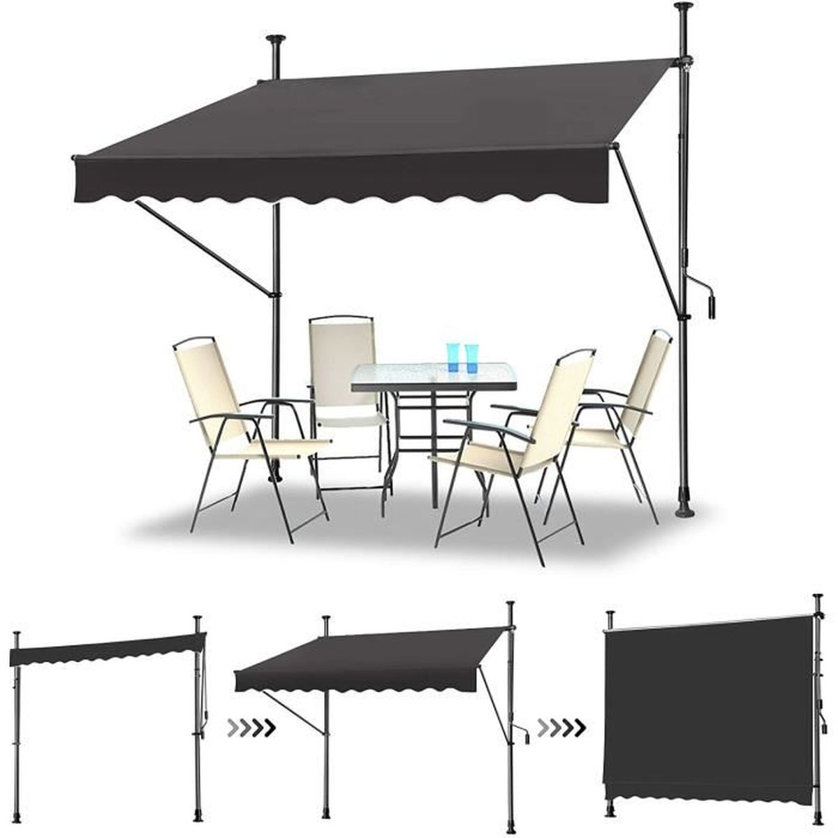 Store Banne Rétractable SONGMICS 350x120 Cm Gris - Manuel Avec Manivelle Pour Terrasse