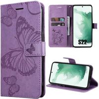 Coque pour Samsung Galaxy S22, Protection Intégrale Motif Papillon Imprimé Effet Cuir Violet