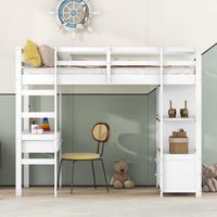 Lit mezzanine 90x200cm, lit enfant avec bureau, tiroirs et étagères, sommier à lattes, cadre en pin, blanc