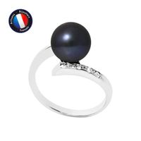 PERLINEA - Bague Véritable Perle de Culture d'Eau Douce Ronde 8-9 mm - Colori Black Tahiti - Diamant - Or Blanc - Bijou Femme