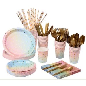 SET VAISSELLE JETABLE  200 pièces ensemble de vaisselle de fête arc-en-ciel rose, 25 invités, assiette de dîner de mariage de fête d'anniversaire