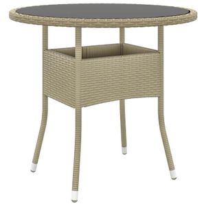 TABLE DE JARDIN  Meuble Table de jardin - Ø80x75 cm - Verre trempé-résine tressée beige - 12.6 KG