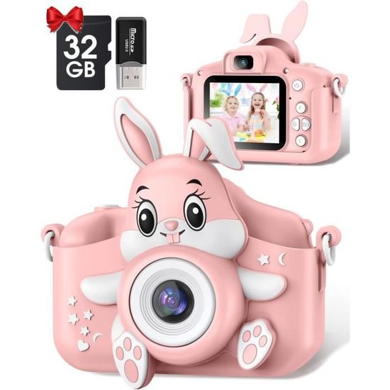 Appareil Photo Numérique Enfant 2.0 Pouces - 64 Go - 1080p - Rose - Cadeau 3 à 10 Ans