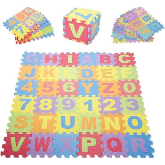 KEKE-Puzzle Tapis Tapis de sol épais pour l’éveil de bébé Jouet d’Éducation précoce 26 Alphabet et 10 Chiffres 16*16cm par pièce 