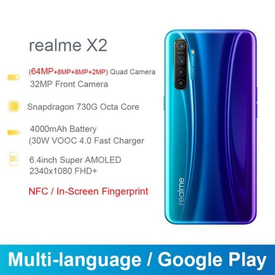 Version mondiale Realme X2 smartphone 8 + 128 Go 6.4 pouces AMOLED Écran Moblie Phone NFC Cellphone