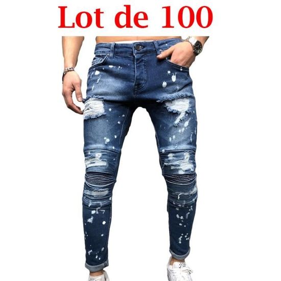 Jeans homme de marque luxe Jeans a bride de slim droit Personnalite slim Jeans Trou Pantalon Vetement Masculin Bleu blanc Cdiscount Pret a Porter