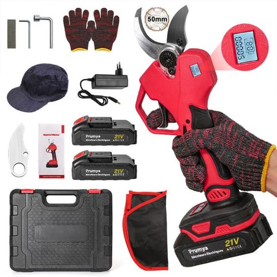 Sécateur Électrique Sans Fil Prunarbo 50 Mm - Moteur Brushless, 2 Batteries 4.0 Ah, Écran LCD
