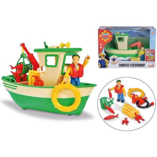 Bateau De Pêche Sam Le Pompier Simba - Flottant Avec Grue Et Figurine Charlie - Jeu De Bain Enfant