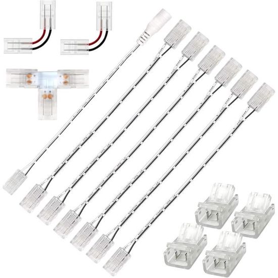 GOMING Kit Connecteur Ruban LED COB 8 Mm – 10 Connecteurs Droits Transparents Sans Espace + 3 En L + 5 Rallonges 15 Cm, Sans Soudure