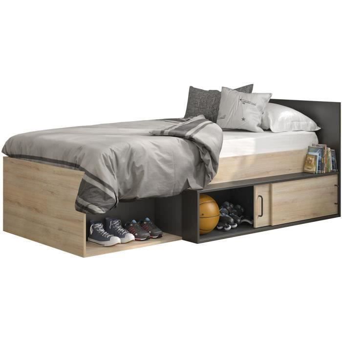 GAMI Erquy Lit enfant avec rangement - Décor Chêne Kronberg clair et Noir - 90 x 200 cm