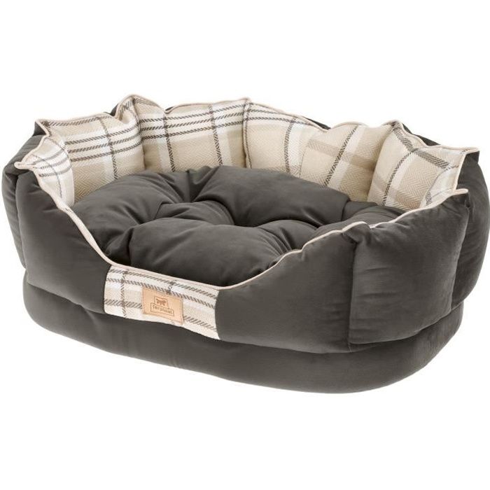 Ferplast couchage rembourré pour chats et chiens CHARLES 70, divan avec coussin, sofa pour animaux, écossais, velours doux, lavable, 68 x 47 x h 25, Marron