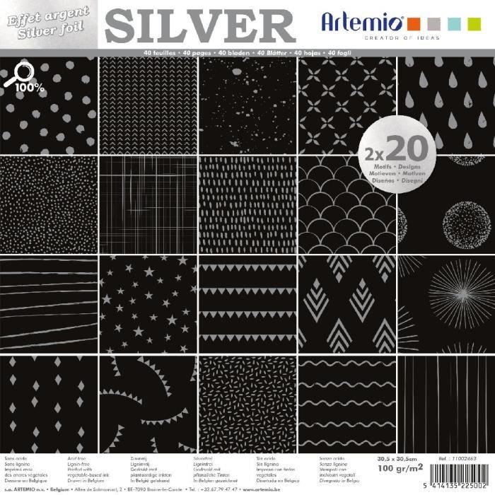 Bloc de 40 feuilles de papier scrapbooking 30x30 cm 'Silver Noir Foil or' d'Artemio