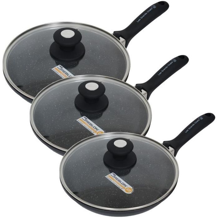 Les Grands Chefs Professionnel – lot de 3 Poêles Pierre 20/24/28 CM - Inclus Manche Amovible, Couvercle et Disque anti-rayures