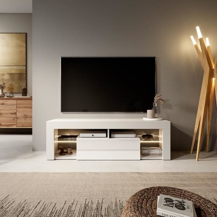Meuble TV / Banc TV - BIANKO - 140 cm - blanc mat / blanc brillant - avec LED - style moderne - tablette en verre