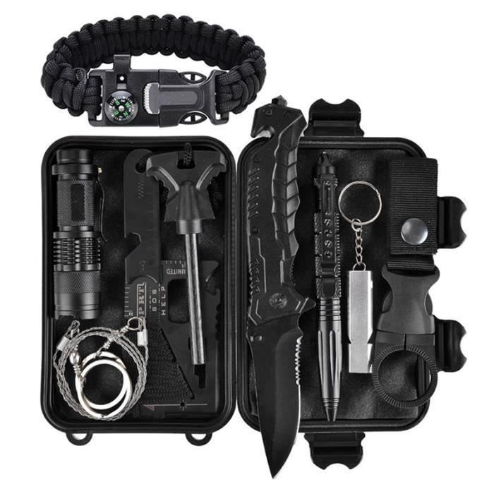 Kit de survie en cas d'urgence 11 en 1, Outil de survie en plein air avec bracelet de survie, couteau pliant, allume-feu, si Bi23995