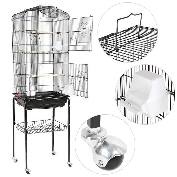 POPS Grande Volière pour Oiseaux Cage à Roulettes Canaries Perroquet Perruches Canaris avec 4 mangeoires, 3 perchoirs, 150,6cm