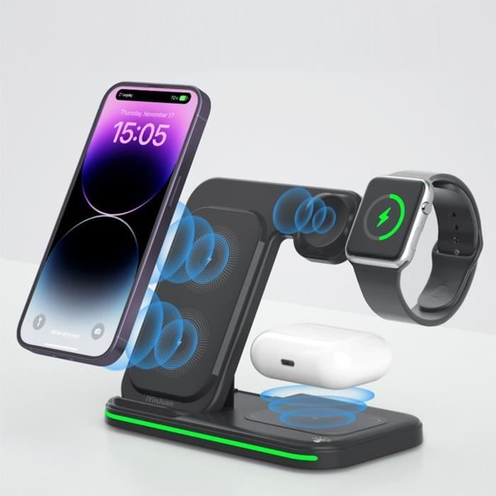 Chargeur Induction 3 en 1 avec 18W PD Chargeur, Chargeur pour iphone et Apple Watch, Pliable Rapide Station