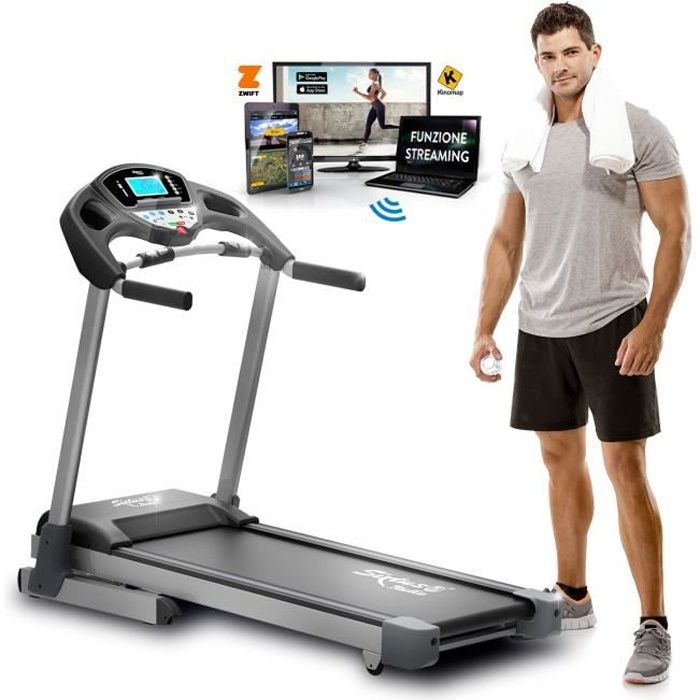 Tapis de Course Électrique Pliable SIXTUS mod. SIX 3000, 20 km/h, Inclinaison Automatique, 2.5 HP (Crêt 7 HP) App KINOMAP & ZWIFT