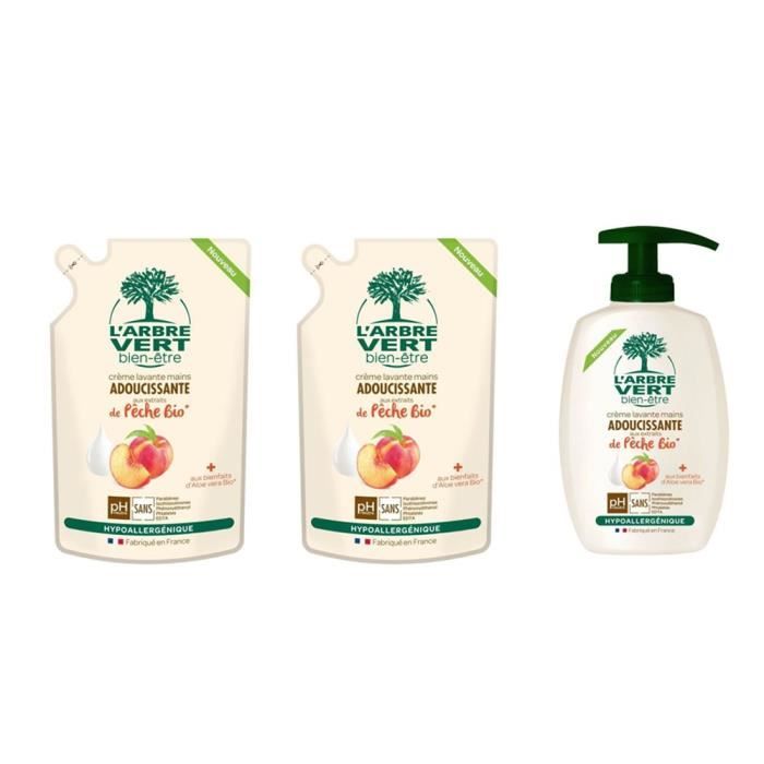 L'Arbre vert - Crème lavante mains peche bio 300 ml + 2 recharges 300 ml