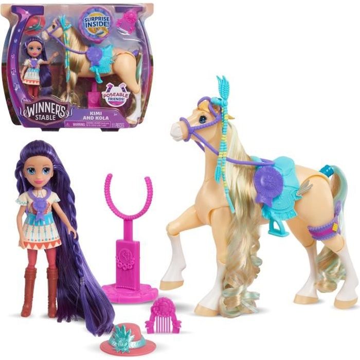 Winners Stable, Coffret Cheval articulé et Poupée avec accessoires, 11 pièces, Modèle Kimi & Kola